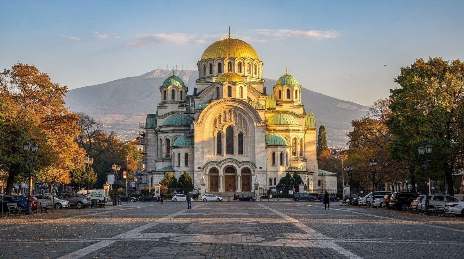 Sofia old town skyline with Alexander Nevsky Cathedral golden domes at golden hour